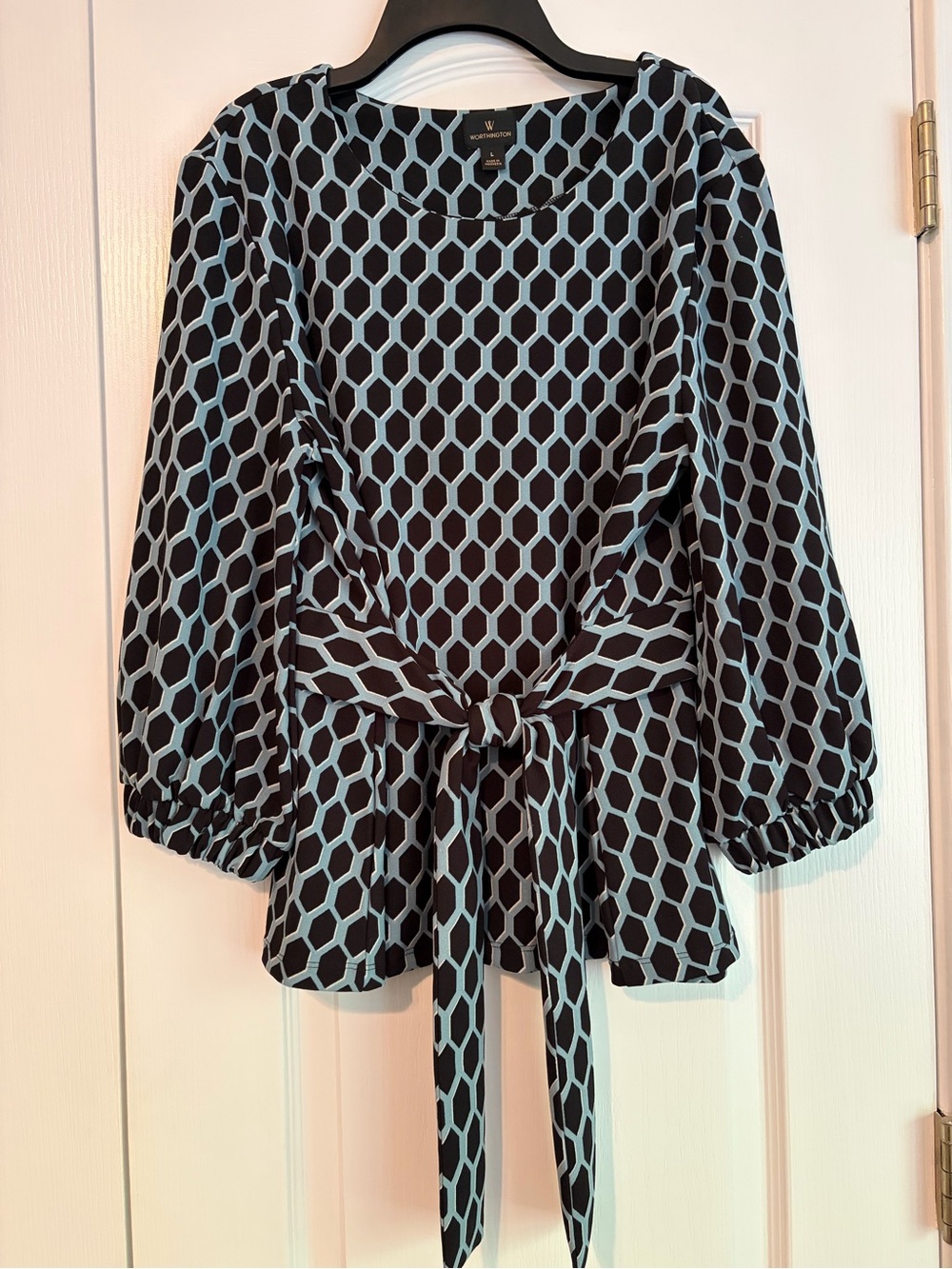 Worthington Teal Blue and Black Print Blouse